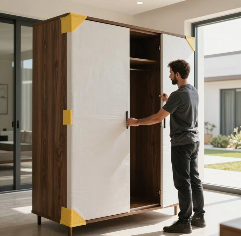 Movers carefully wrapping a dark wood wardrobe with triple-ply protective foam and edge protectors inside a spacious, sunlit Abu Dhabi villa.
