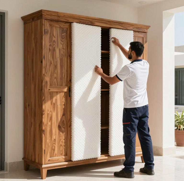 A professional Al-Qaysar mover in clean uniform carefully wrapping a large wooden wardrobe with high-density protective foam inside a bright Abu Dhabi villa, high-contrast UAE daylight.