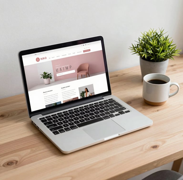 A flat-lay of a modern wooden workspace with a laptop displaying a clean website layout, a ceramic coffee mug, and a small green plant, soft overcast daylight.