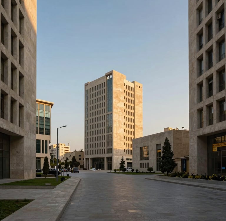 Wide environmental shot of Baghdad's modern diplomatic quarter at golden hour, structured concrete facades, clean composition, cinematic lighting.