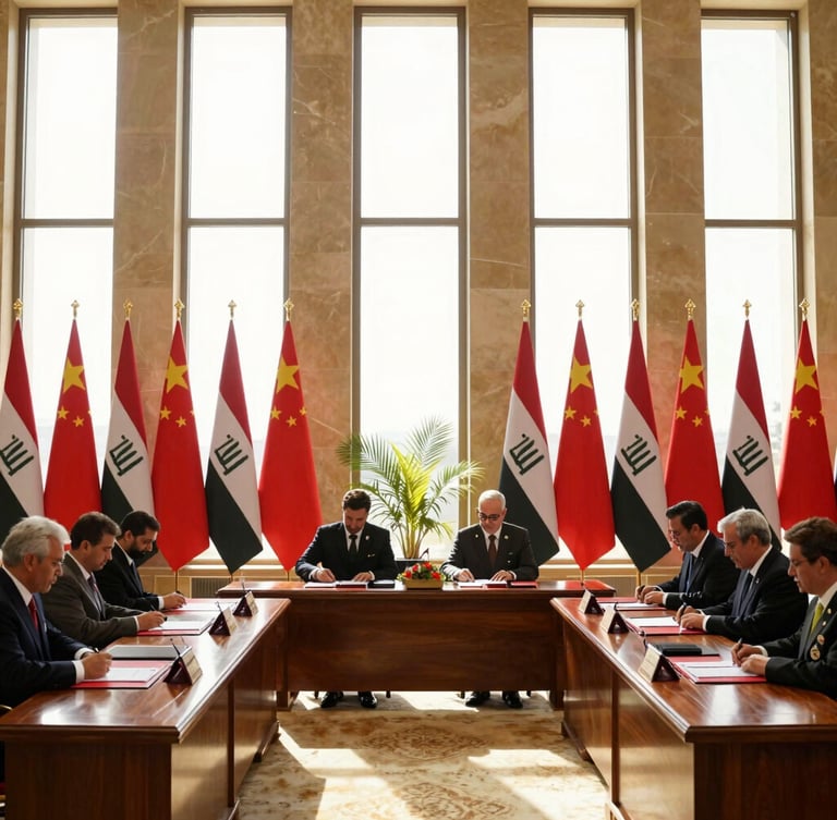 Wide environmental shot of a formal bilateral signing ceremony in Baghdad, golden light streaming through tall windows, national flags of China and Iraq flanking polished mahogany tables.