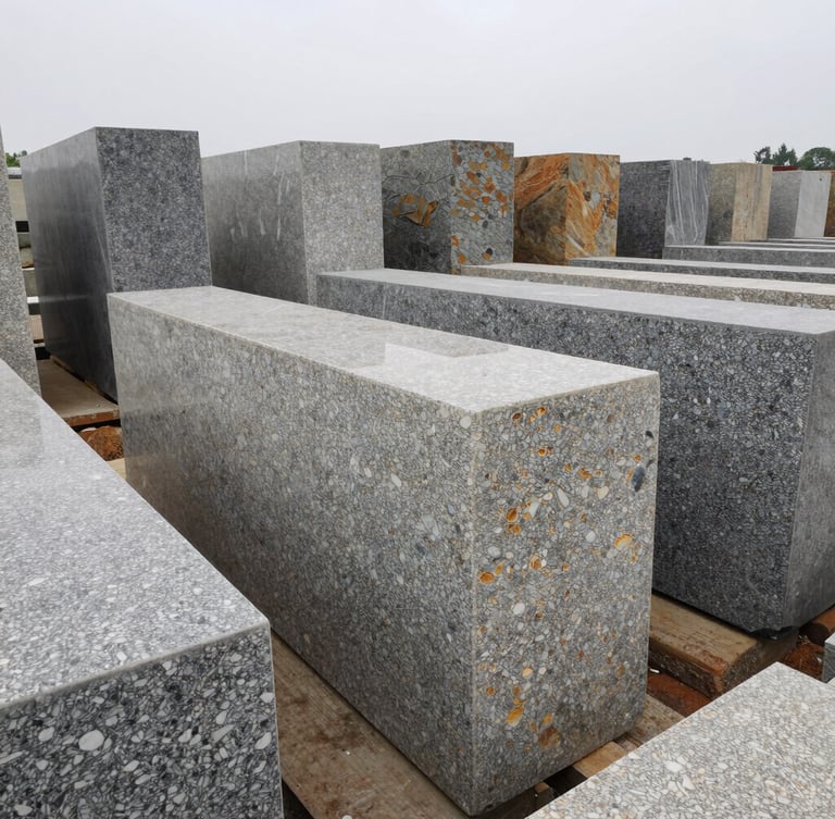 A monumental wide-angle shot of standing exotic granite slabs arranged in rows inside the Chinhat stone yard, soft diffused overcast daylight reflecting off the polished travertine and quartz surfaces, sharp texture detail.