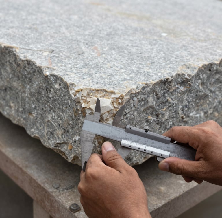 A close-up of Vishnu Singh's hands using steel calipers to measure the edge of a massive, raw travertine slab, soft overcast daylight, focus on the texture of the stone.