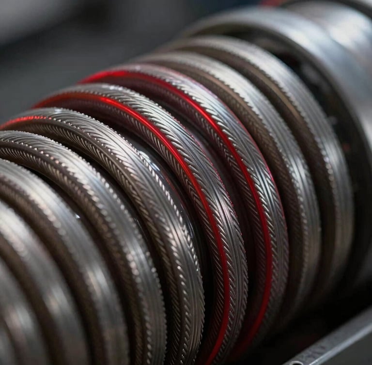 Extreme close-up of a multi-spiral wire reinforced hydraulic hose cross-section under dark-field lighting with sharp red rim highlights reflecting off steel threads.