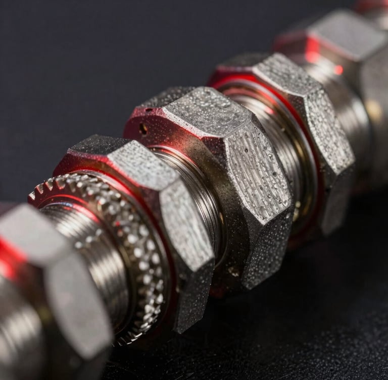 Extreme close-up of a multi-spiral wire reinforced hydraulic hose fitting under dark-field studio lighting with sharp red rim reflections, steel texture visible.