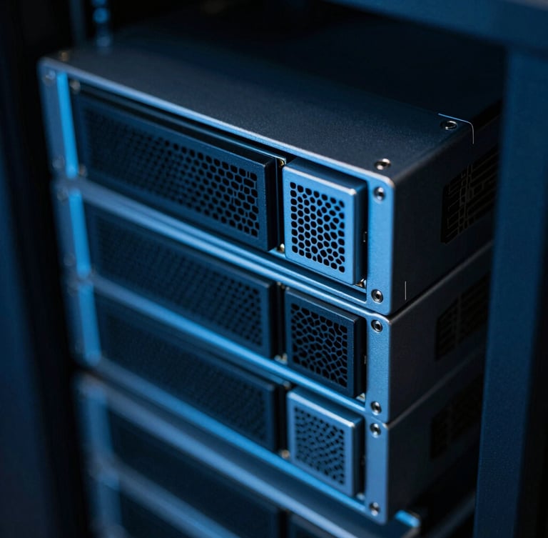 Macro close-up of high-end server hardware in a cool-toned server rack, subtle electric blue ambient glow, sharp technical angles, 35mm photography.