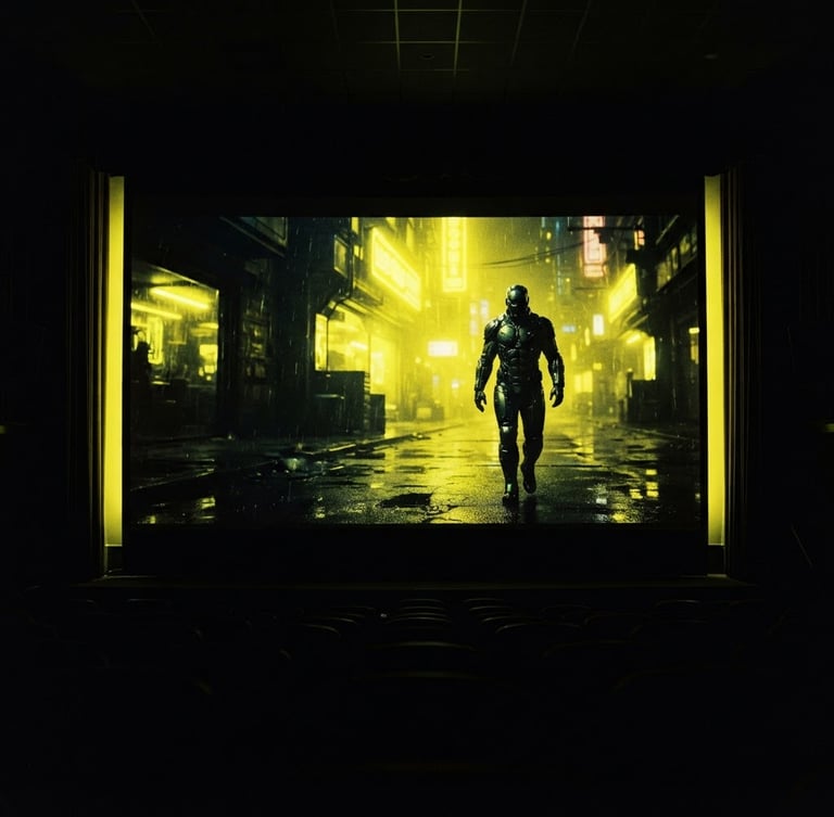 Dramatic cinematic close-up of a high-contrast movie screen glowing in a dark room, neon yellow ambient backlighting, rich shadows, 35mm film style