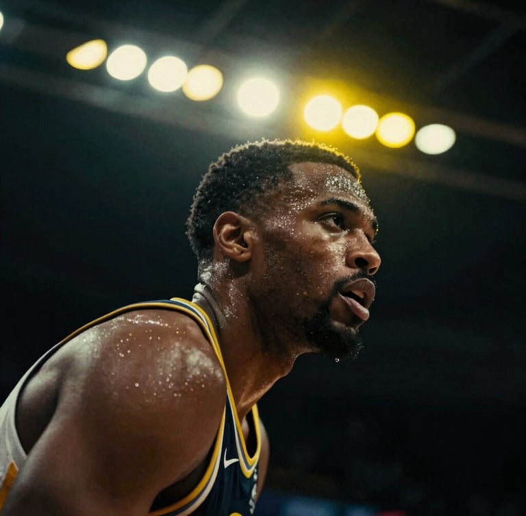 Dramatic close-up of a basketball player in motion, sweat glistening under high-contrast neon yellow stadium lights, rich dark background, shallow depth of field, 35mm film style.