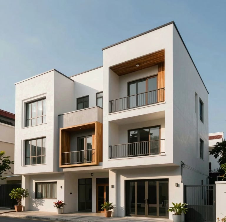Wide-angle exterior photograph of a modern four-story townhouse in HCMC, clean white concrete facade, warm wood accents on balconies, natural afternoon sunlight casting sharp architectural shadows, clear sky.