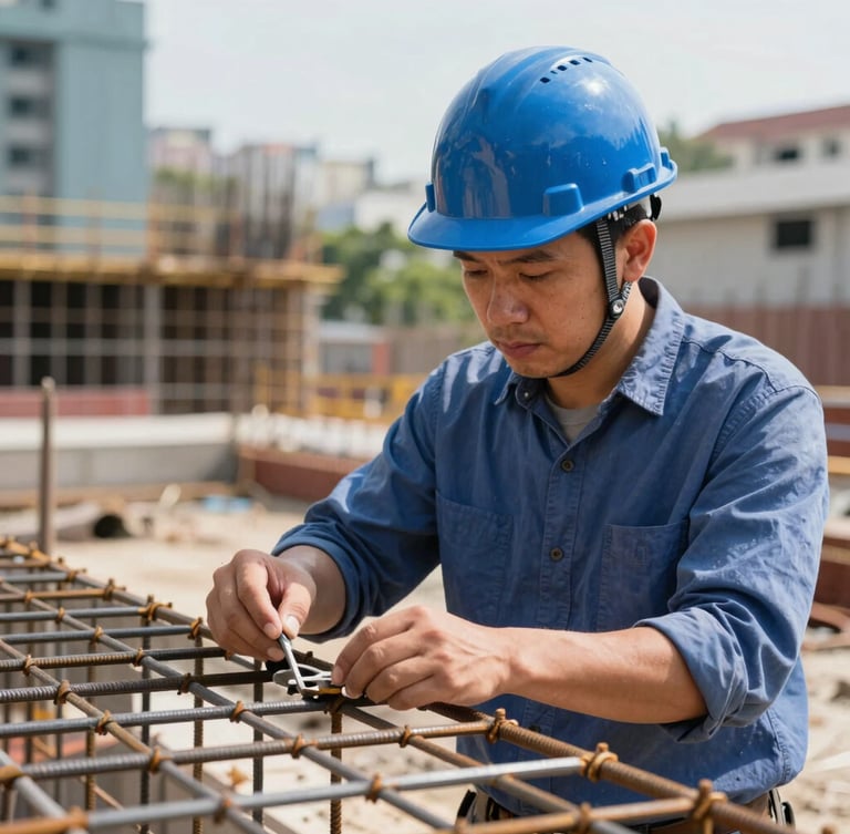 Close-up of a construction engineer in a blue hardhat inspecting steel reinforcement grids on an active townhouse foundation in Saigon, bright natural daylight