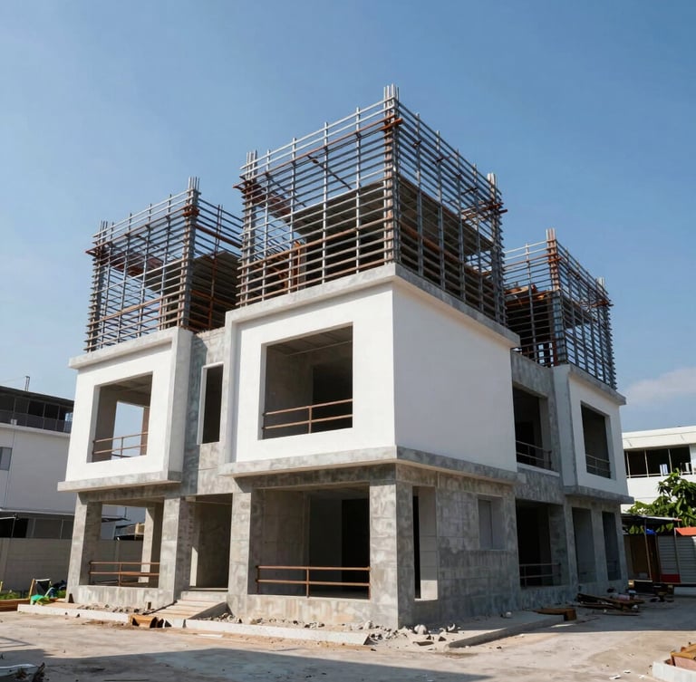 Wide-angle exterior shot of a modern three-story townhouse under construction in HCMC, steel frames visible against a bright blue sky, natural daylight, sharp architectural shadows.