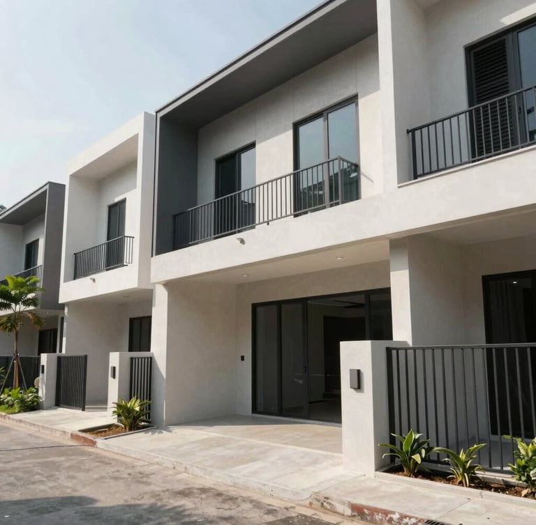 Wide-angle exterior shot of a modern completed townhouse in Ho Chi Minh City, natural daylight, sharp architectural lines and clean concrete shadows