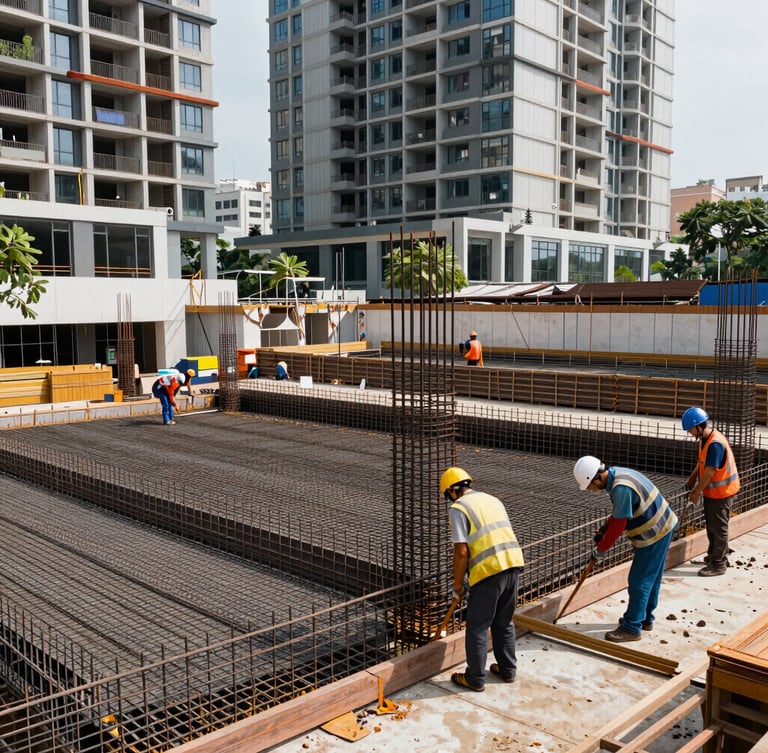 Công trường xây dựng nhà phố hiện đại tại TP.HCM, kỹ sư đội mũ bảo hộ đang kiểm tra cốt thép móng trước khi đổ bê tông, ánh sáng ban ngày chân thực.