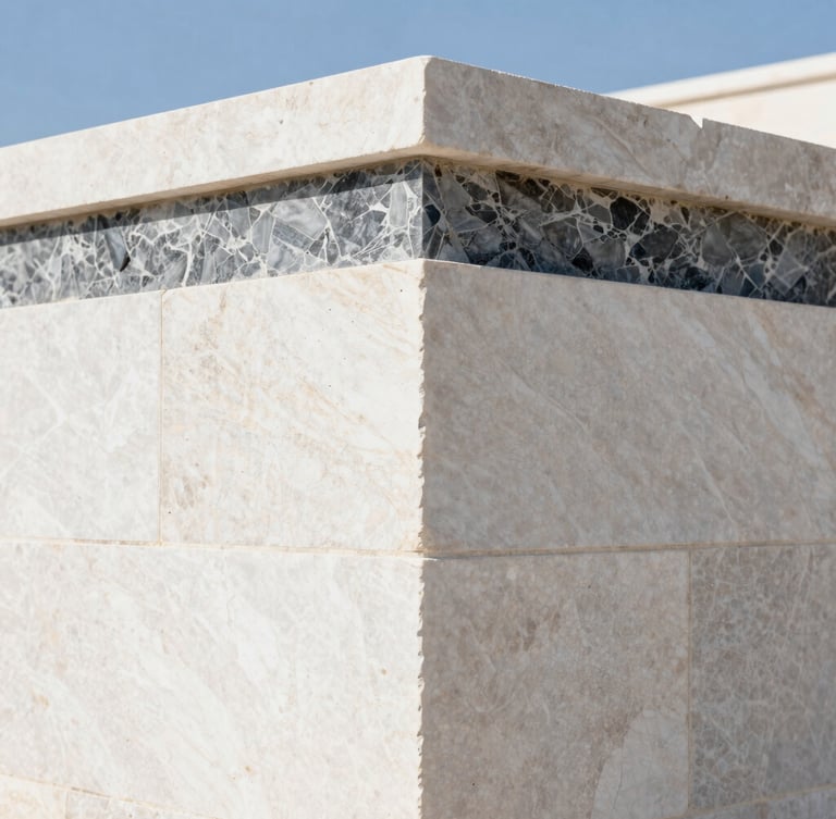 Extreme close-up of premium raw white limestone blocks under bright crisp Mediterranean daylight, sharp clean architectural lines, cool slate and warm limestone tones, 35mm