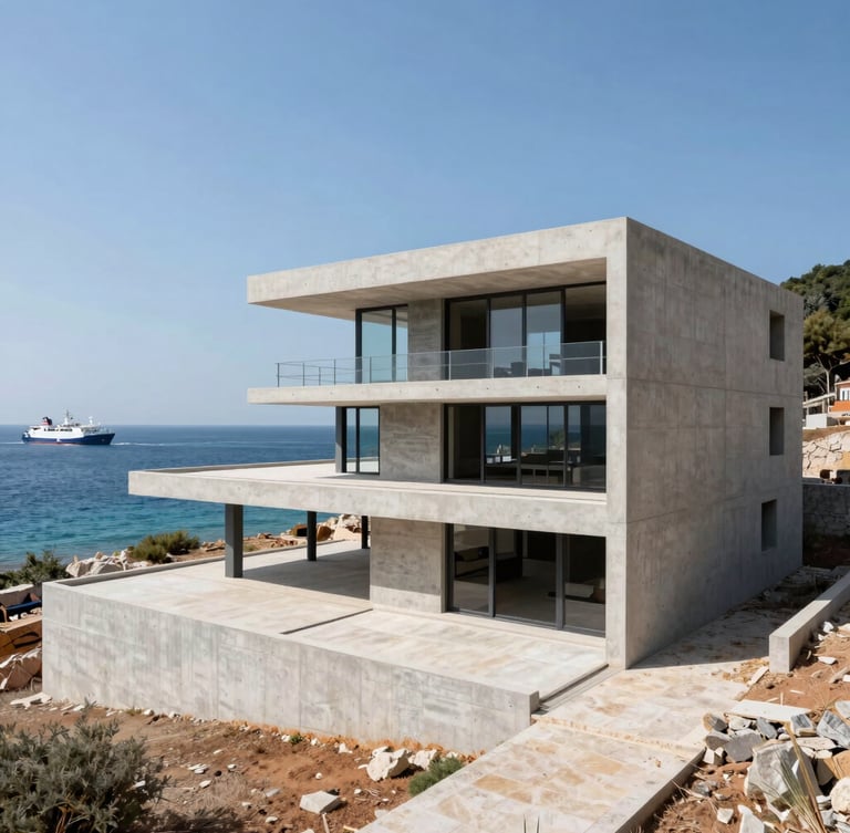 Wide panoramic architectural shot of a modern concrete villa under construction on a Dalmatian island, cargo ferry visible in the background on the blue Adriatic sea, sharp Mediterranean daylight, 35mm