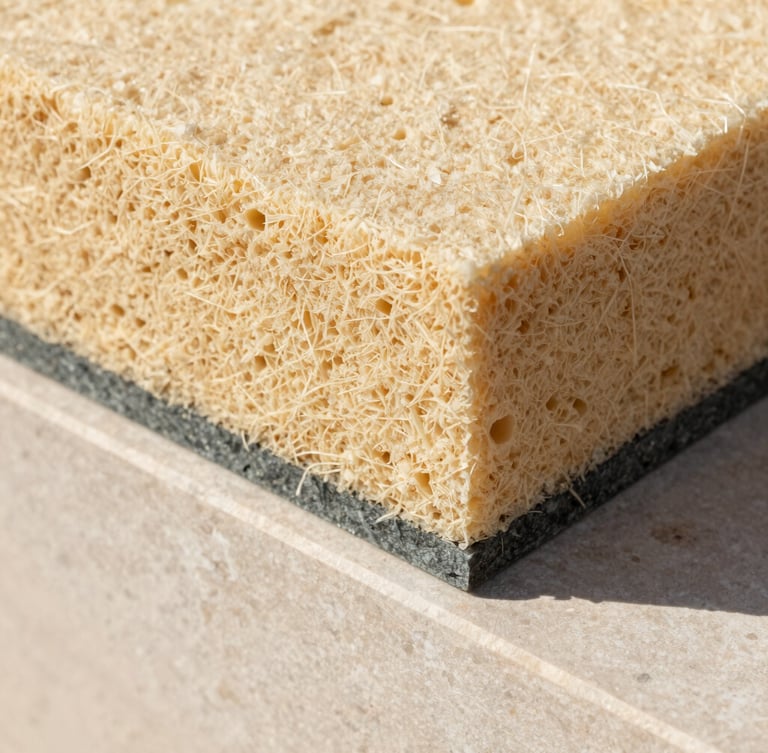 Extreme close-up of a premium stone-wool insulation slab showing the dense fibrous texture, bright natural Mediterranean daylight, clean structural lines, 35mm
