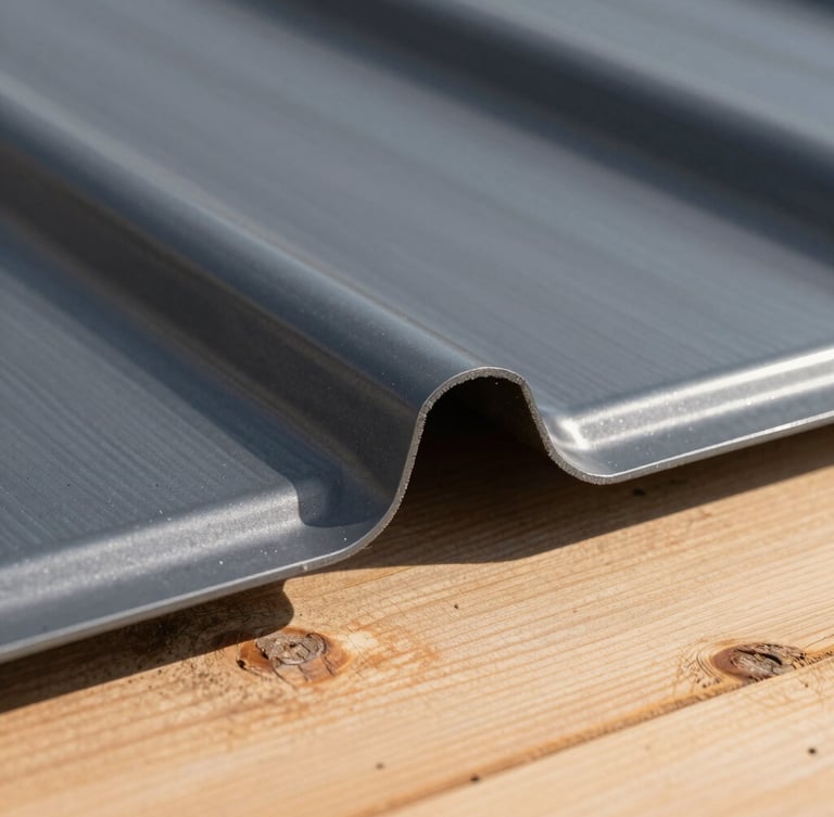 Crisp macro shot of a hand-folded metal standing seam joint on an anthracite zinc roof, natural daylight casting sharp shadows, highlighting the metallic texture