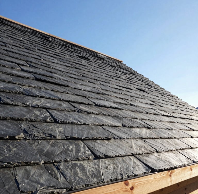 Low-angle architectural shot of a newly finished slate roof under bright morning sun, sharp shadows highlighting the precise interlocking tiles, clear blue sky background, 35mm lens