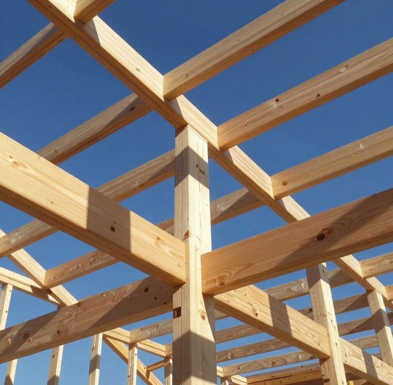 Low-angle architectural photograph looking up at a newly constructed timber roof frame, raw light pine beams intersecting against a clear blue Franconian sky, sharp morning sunlight casting graphic shadows, 35mm lens.