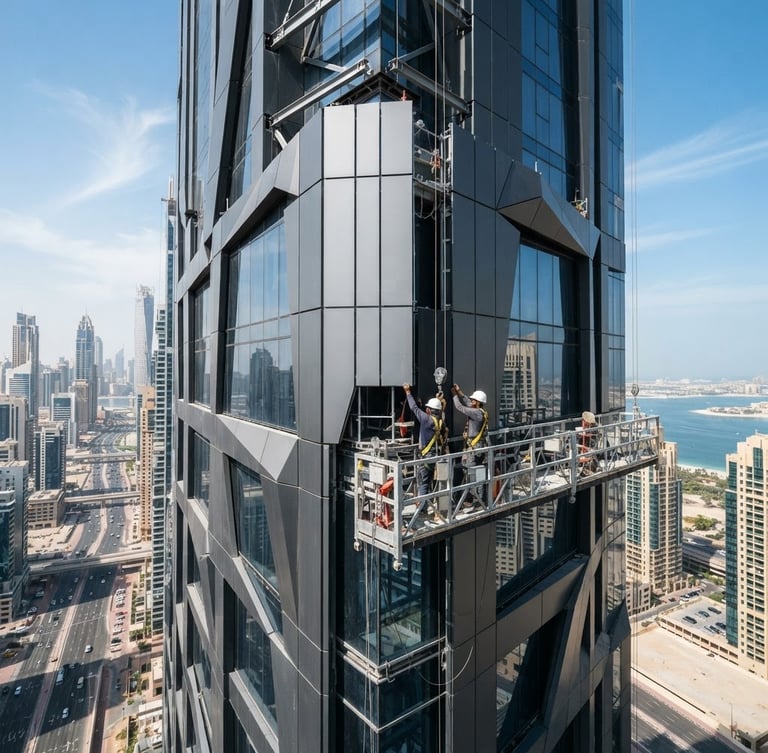Wide shot of aluminum cladding installation on a modern high-rise building in Dubai, bright UAE daylight, sharp focus, showing clean joints and structural alignment.