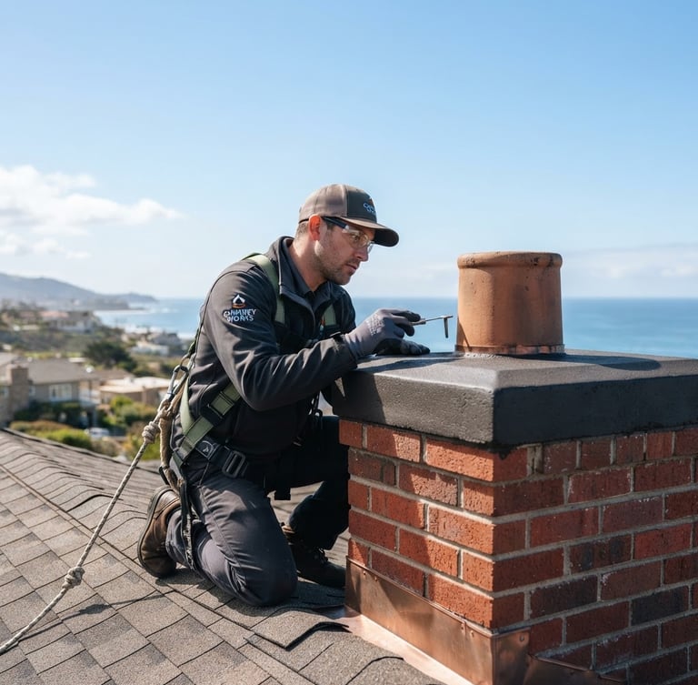 Certified chimney technician inspecting a clean masonry chimney crown against a clear blue coastal sky, bright natural daylight, crisp focus.