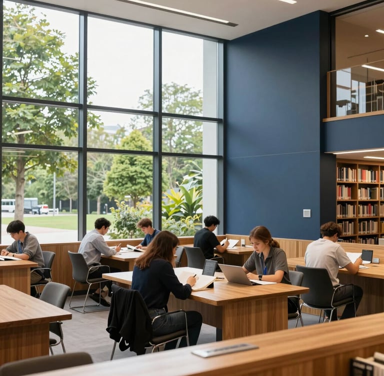 Bright modern library and study hall with floor-to-ceiling windows, green trees visible outside, students reading at wooden tables, soft natural daylight.