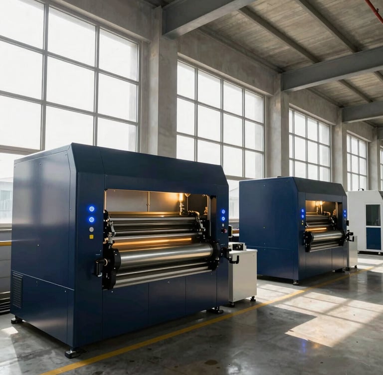 Wide-angle architectural shot of a modern clean industrial plastics factory, state-of-the-art extrusion machinery glowing with soft blue indicators, natural daylight streaming from high windows, deep navy accents, premium corporate photography.