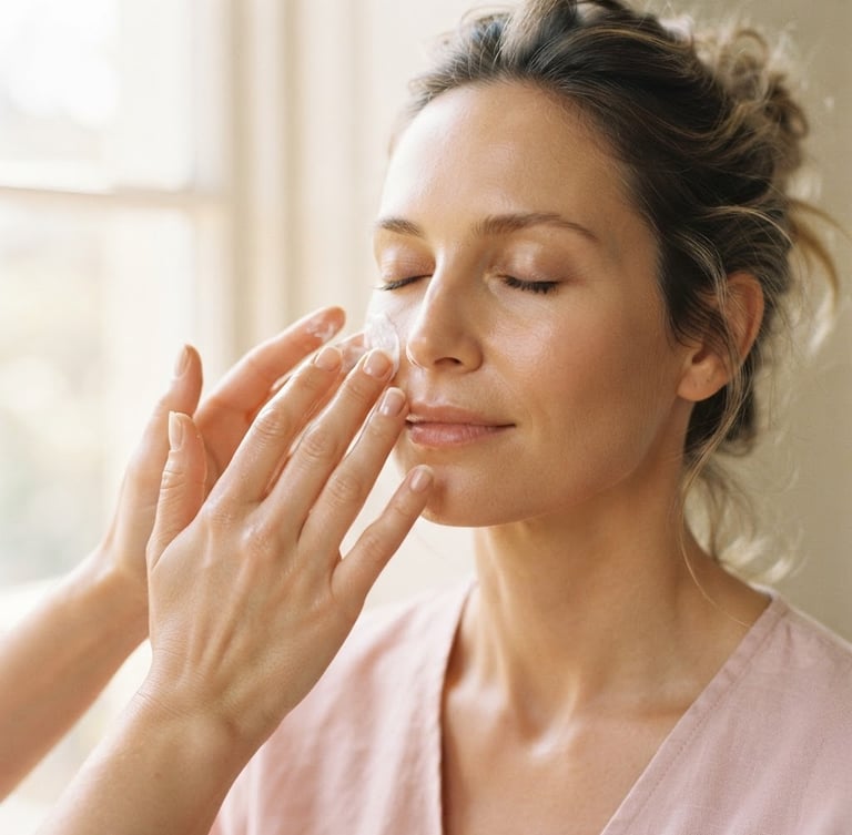 Soft close-up of hands applying a delicate cream onto a serene face, warm diffused window light, powder pink and cream tones, shallow depth of field, 35mm