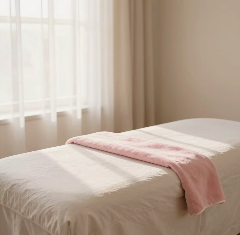 A serene treatment room with a minimalist massage table, soft linen, warm golden-hour window light, elegant and clean atmosphere, 35mm photography