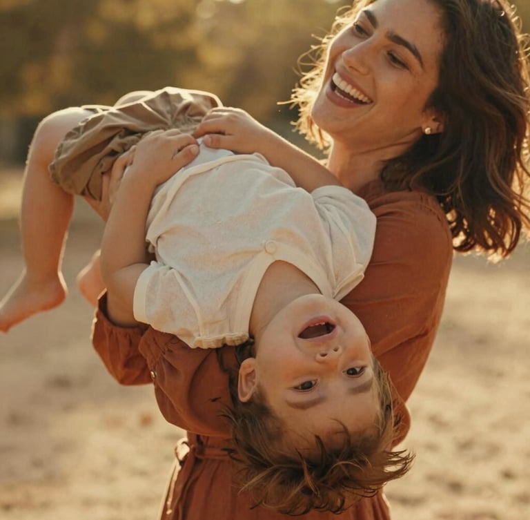 Close-up of a mother laughing as she holds her child upside down, warm golden sunlight streaming through trees, authentic emotions, 35mm film aesthetic