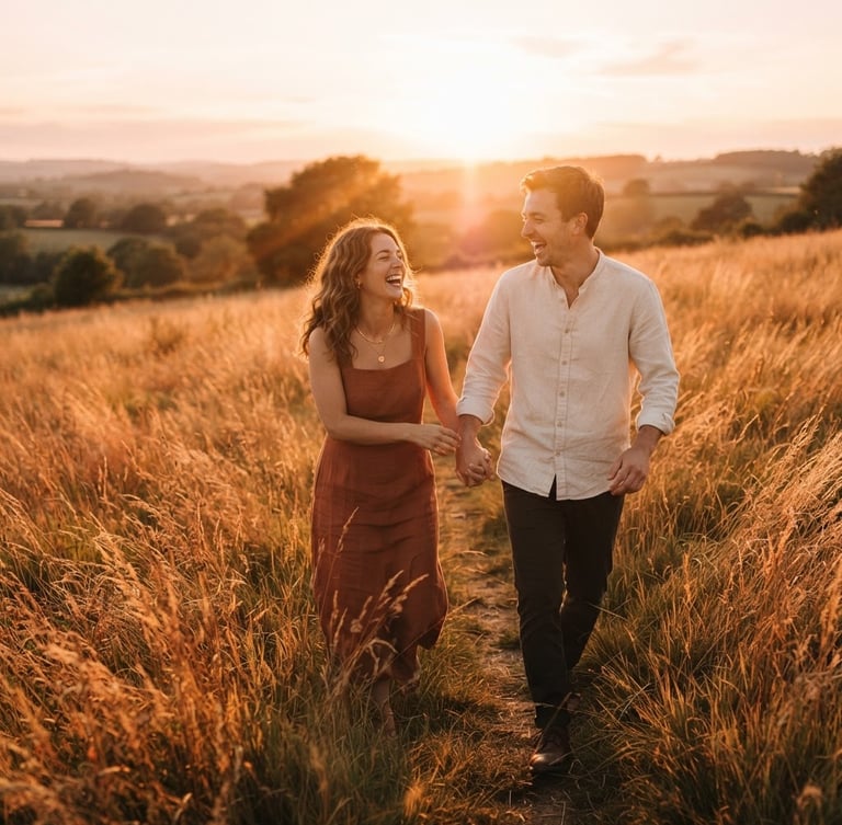 Cinematic medium shot of a young couple walking through a golden wild grass field at sunset, laughing spontaneously, warm sunlight flare, 35mm film aesthetic.
