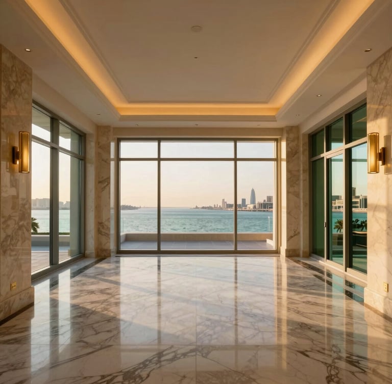 Symmetrical interior wide-angle of a sun-drenched luxury apartment in Pearl-Qatar, marble floors, gold fixtures, floor-to-ceiling windows showing water views, warm ambient light