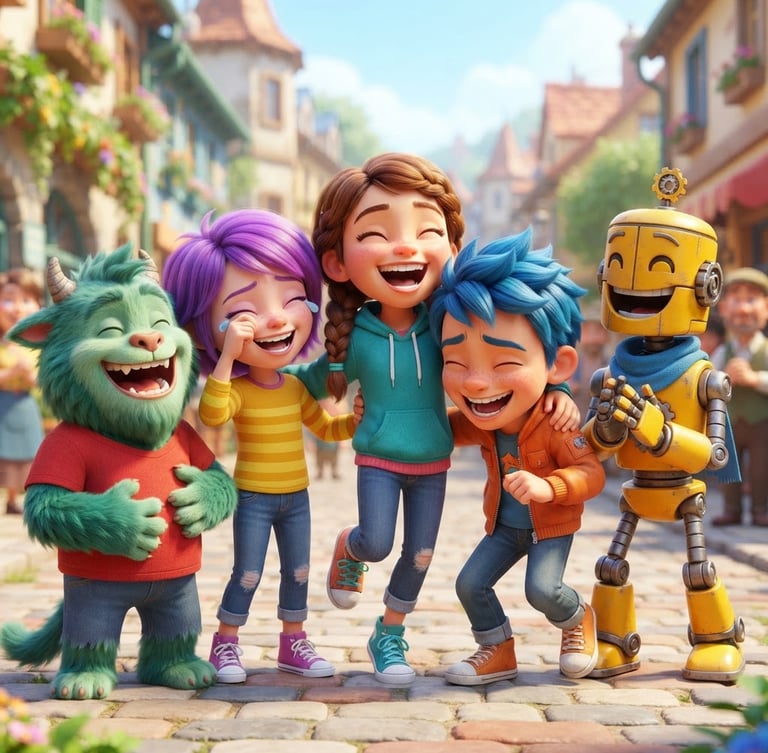 Vibrant 3D digital animation style character art of a group of friendly, colorful cartoon characters laughing together, bright high-key lighting, crisp clean render