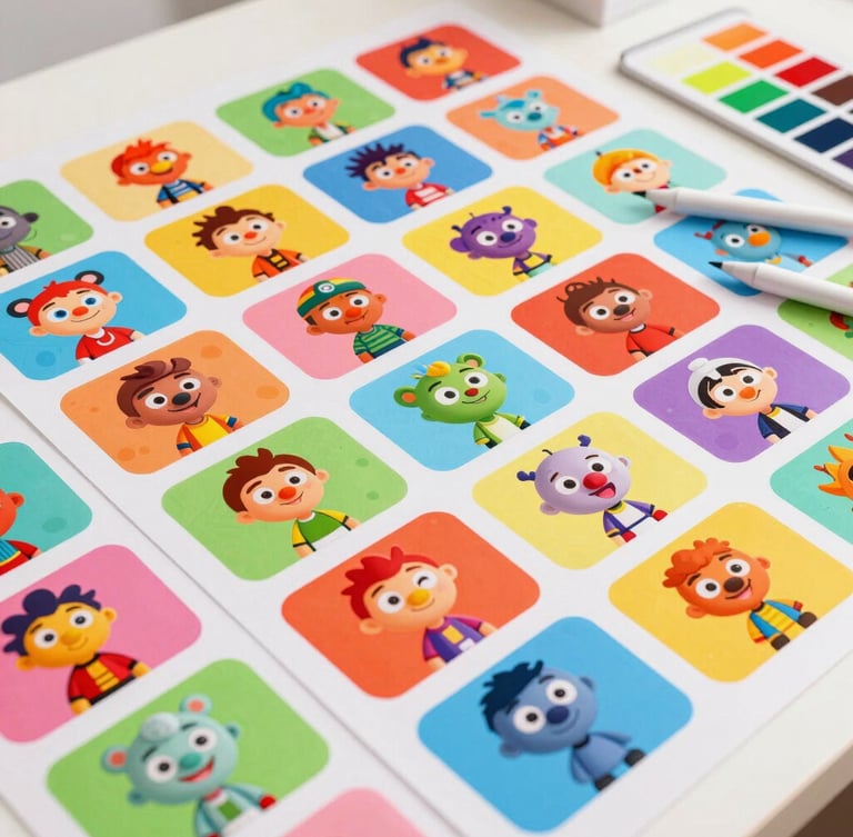 Bright flat-lay of an animator's desk covered in colorful character storyboards, digital stylus, and vibrant color palettes under soft high-key studio light