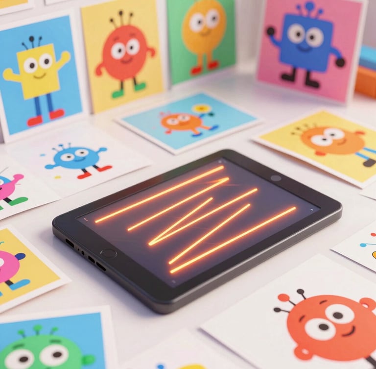 Vibrant 3D digital render of a creative animation desk with colorful character sketches, digital tablet glowing with bright orange lines, high-key studio light, playful character art style.