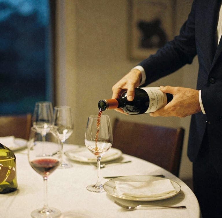 Warm editorial 35mm photography, soft evening ambient light, medium shot of a host pouring wine into elegant glasses at a home dining table, rich navy and gold tones.