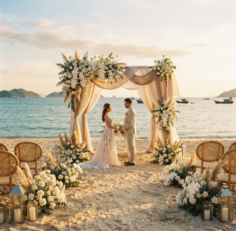 A breathtaking view of a luxury wedding altar on the Nha Trang beach at golden hour, draped in light champagne linens and delicate white orchids, soft sun-drenched editorial photography, 35mm