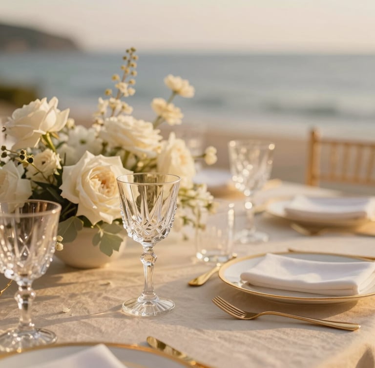 Extreme close-up of luxury wedding table decor, gold-rimmed crystal glassware on beige linen, delicate white floral arrangements, warm golden-hour coastal light, shallow depth of field