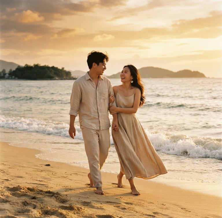A gorgeous editorial portrait of a Vietnamese couple walking along the golden-sand Nha Trang beach at sunset, warm golden hour light, soft beige linen details, 35mm photography