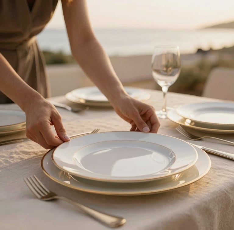 A professional wedding planner arranging delicate gold-rimmed tableware on beige linen, soft natural coastal light, close-up, shallow depth of field