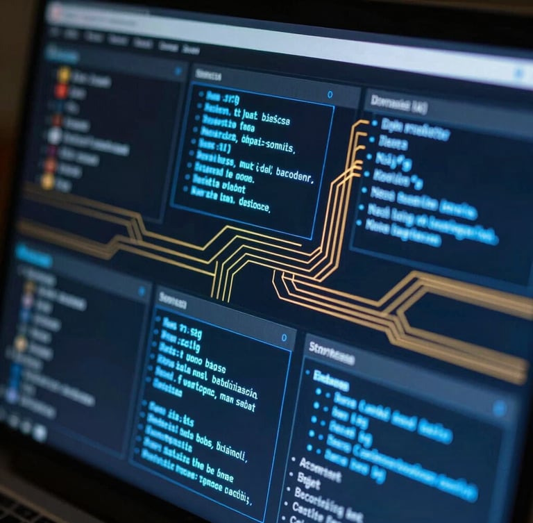 Macro view of a dark terminal interface showcasing glowing electric blue system schematics, clean UI dashboard elements, and gold data flow vectors.