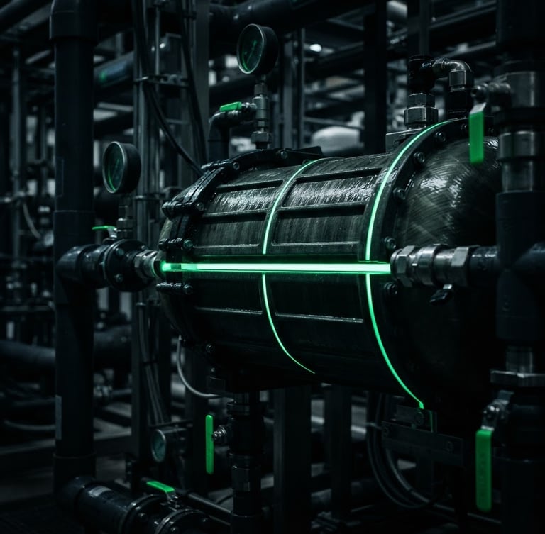 Macro close-up of a glowing reverse osmosis membrane housing with sharp neon green laser lines, dark high-contrast industrial water technology, 35mm lens