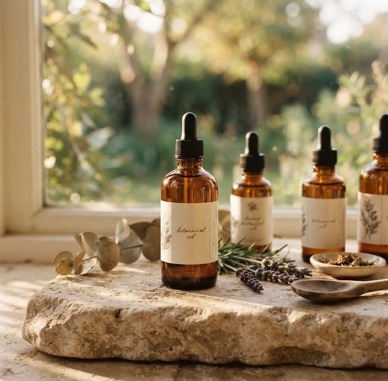 Warm sun-dappled still life of amber glass bottles of botanical oils on a textured stone surface, soft natural shadows, shallow depth of field, cream and botanical green tones.