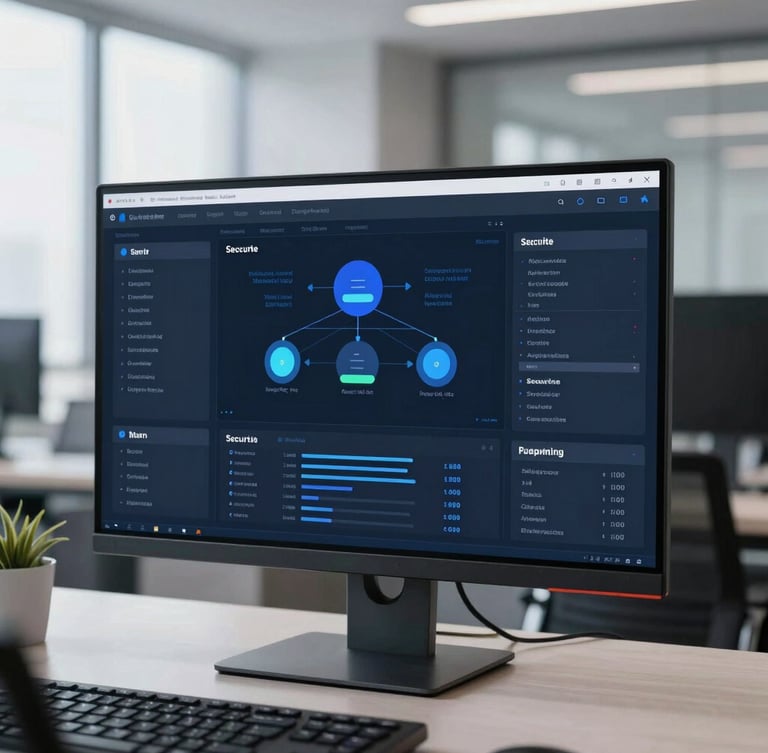 Clean modern office dashboard showing secure data flows on a monitor, cool blue and slate gray lighting