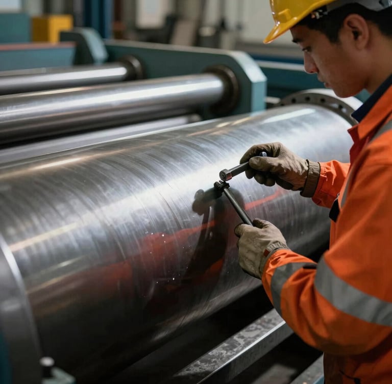 A close-up of a field engineer in high-vis gear using a micrometer on a massive industrial steel printing roller, dramatic workshop shadows