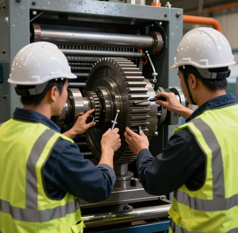 A close-up of two professional field engineers in high-vis safety vests and hardhats calibrating a massive industrial steel gear on a printing press, dramatic high-contrast workshop lighting, sharp focus