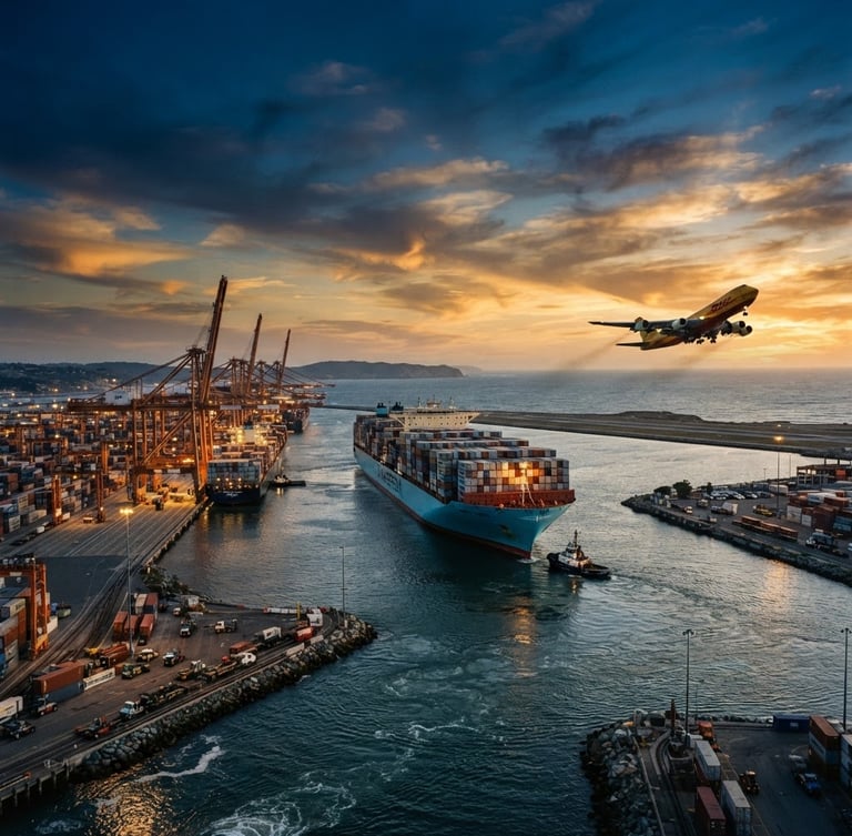 Amplia vista panorámica de un puerto de contenedores al atardecer, un buque de carga masivo en el centro, grúas industriales a la izquierda, y un avión de carga despegando en la distancia a la derecha, luz dorada dramática, tonos azul y naranja.