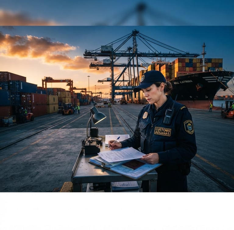 Primer plano de un oficial de aduanas revisando documentos en un puerto de carga, con contenedores y un buque en el fondo, luz dramática de hora dorada, tonos azules y naranjas, perspectiva amplia.