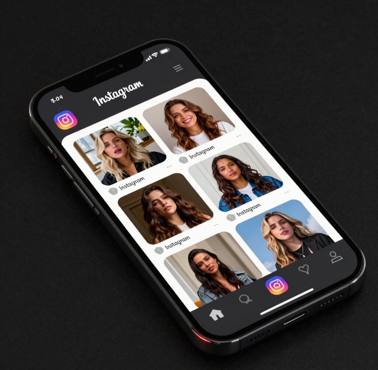 Angled macro mockup of a high-fidelity mobile screen displaying an active Instagram feed with rich video thumbnails, dark mode interface, neon edge-lighting.