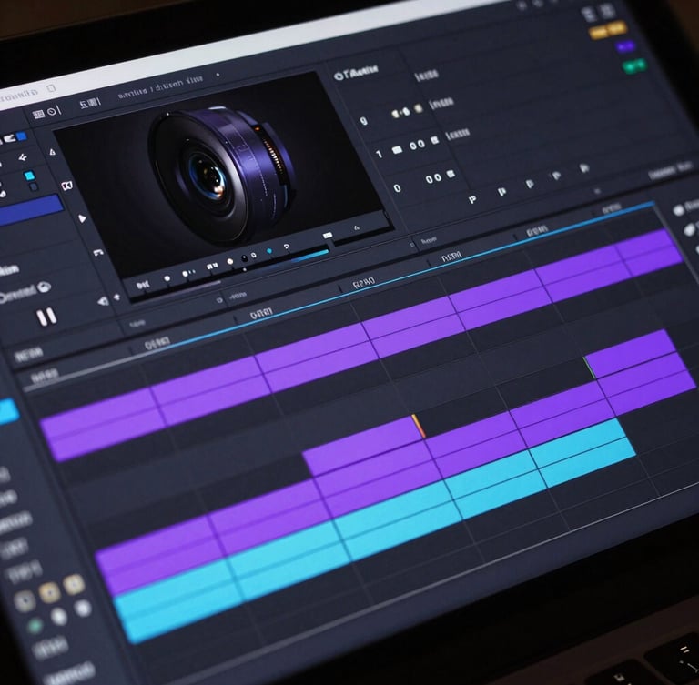 Angled high-contrast mockup of a dark-mode video editing timeline showing layered audio tracks and vibrant purple color-grading highlights.